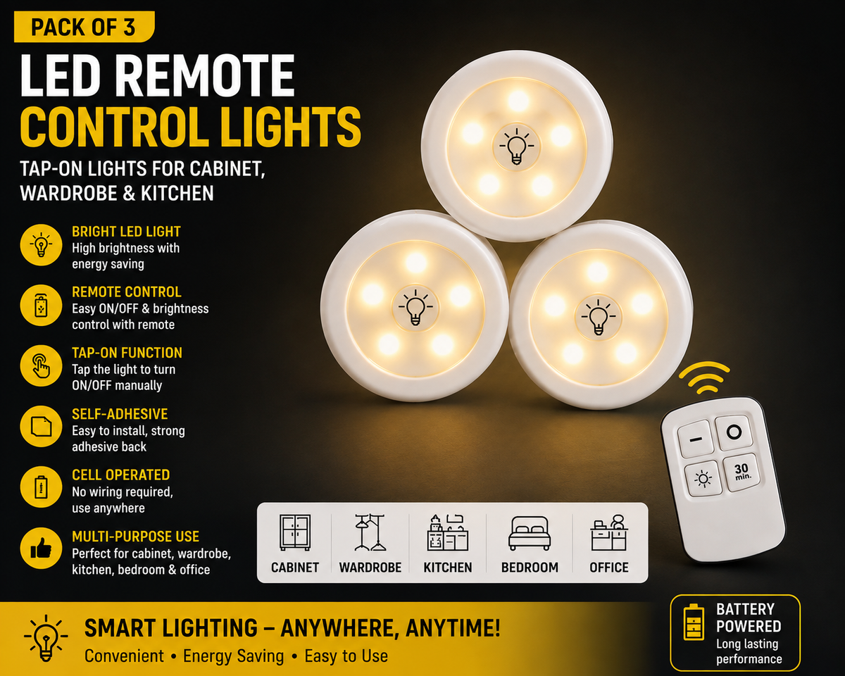 Pack of 3 LED Remote Control Lights Tap-On Lights for Cabinet, Wardrobe & Kitchen