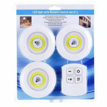 Pack of 3 LED Remote Control Lights Tap-On Lights for Cabinet, Wardrobe & Kitchen