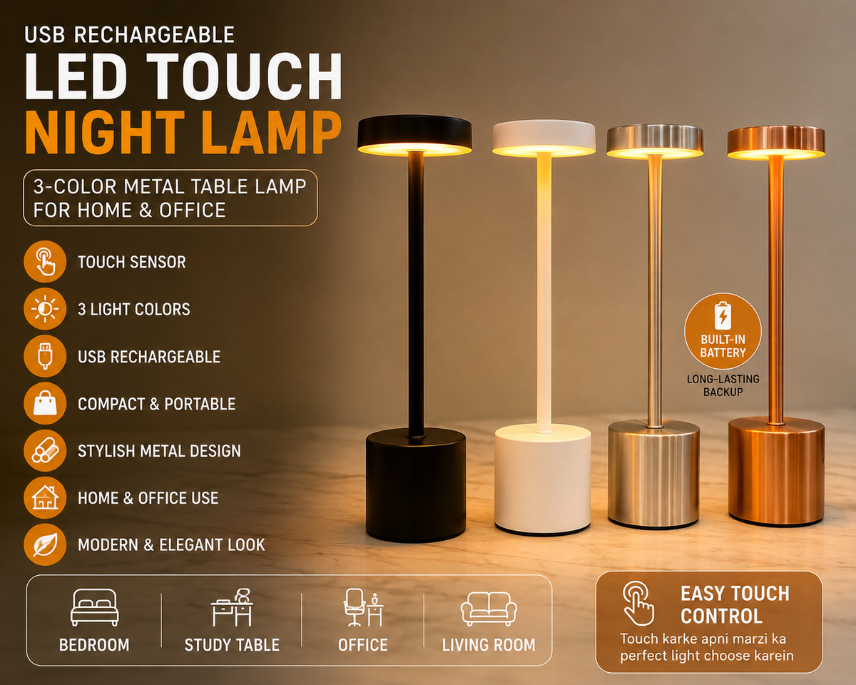 USB Rechargeable LED Touch Night Lamp 3-Color Metal Table Lamp for Home & Office